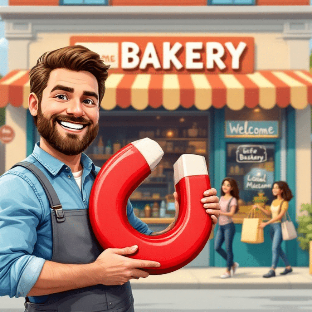 A professional cartoon-style image of a smiling bakery owner standing in front of their shop, holding a large red magnet. The magnet is attracting happy customers carrying shopping bags, symbolizing successful local marketing. The bakery storefront features a welcoming sign and vibrant decor.