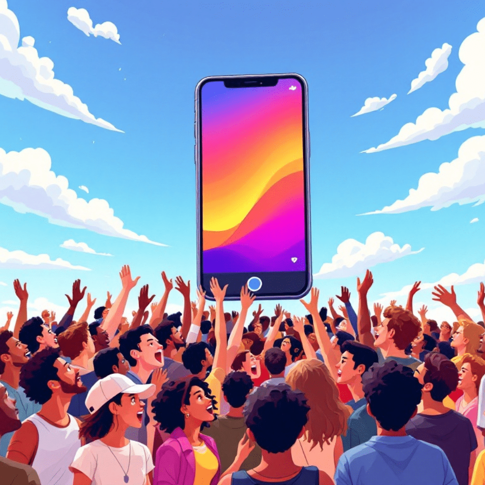 A vibrant cartoon-style illustration of a large crowd of diverse people looking up at a giant mobile phone in the sky. The mobile phone displays an Instagram story with a colorful gradient background, surrounded by a clear blue sky and fluffy white clouds. The scene emphasizes the influence of Instagram Stories in modern digital marketing.