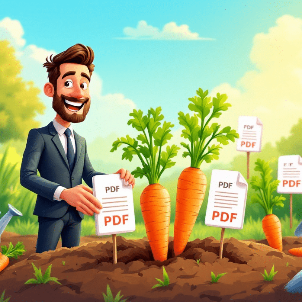 A professional cartoon-style image of a businessperson in a suit farming PDFs, pulling them out of the soil like carrots. The PDFs are depicted as document icons with text, growing alongside carrot-like plants in a sunny, vibrant field. The background includes gardening tools like a watering can and a shovel."