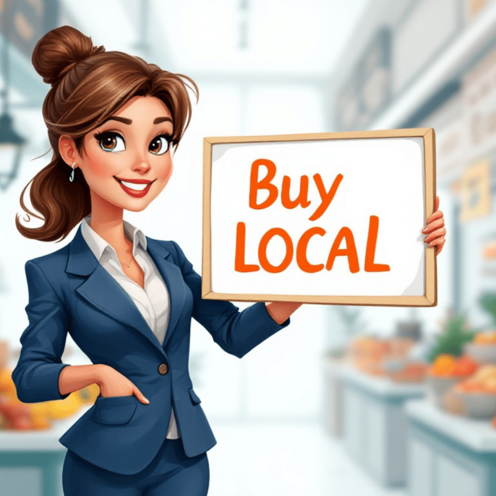 A professional cartoon-style image of a confident businesswoman holding a sign that reads 'Buy Local,' with a bright and inviting background showcasing a local market setting.