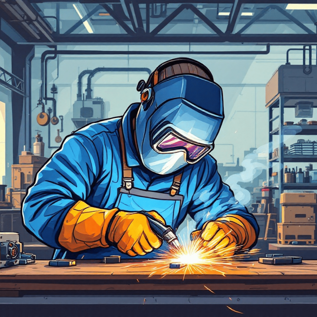 A professional cartoon-style illustration of a welder in a workshop, wearing safety gear, including a welding helmet and gloves. The welder is focused on their task, with sparks flying as they work on a metal piece. The background showcases industrial equipment and tools, highlighting a detailed and vibrant workplace setting.