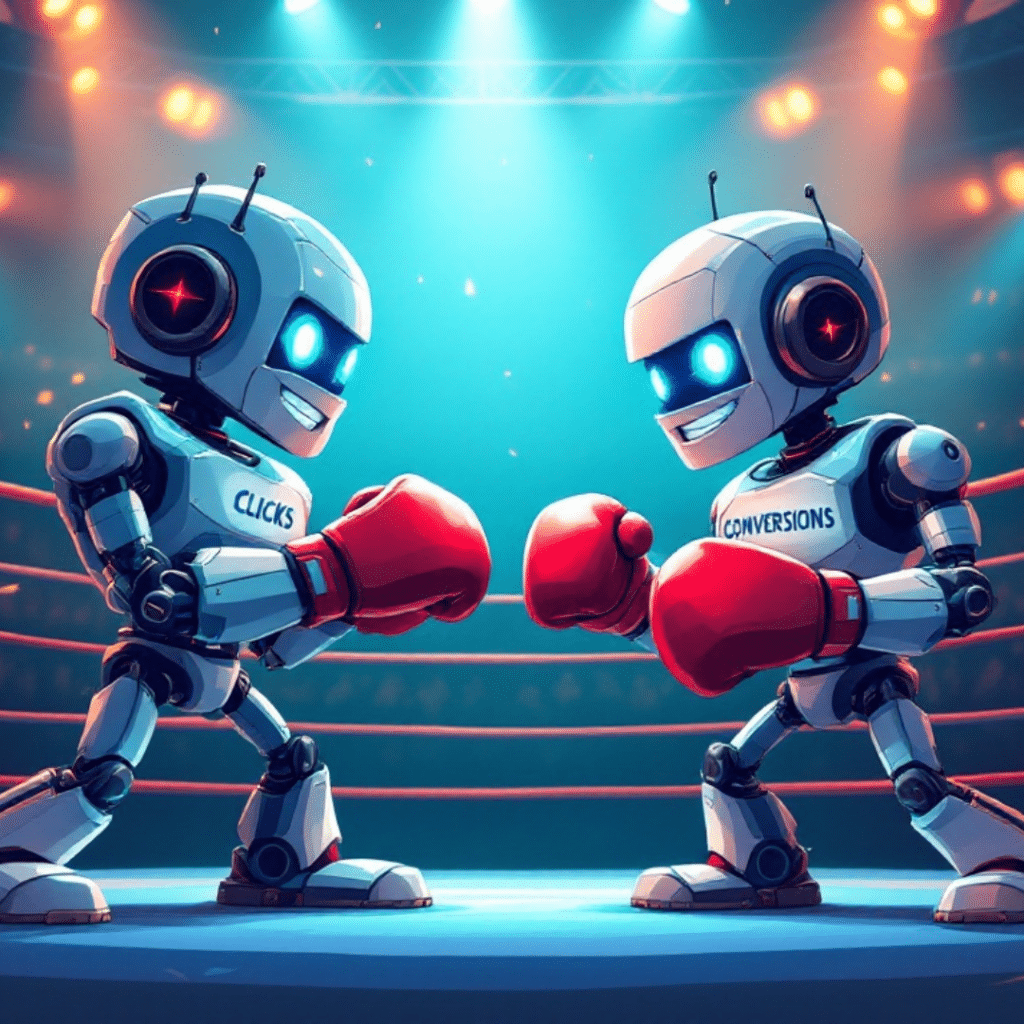 A professional cartoon-style image of two opposing boxing robots in a ring, one labeled 'Clicks' and the other labeled 'Conversions,' symbolizing the competition between these two AdWords strategies.