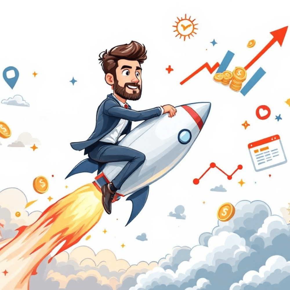 A professional cartoon-style image of a businessman in a suit riding a rocket ship soaring through the clouds. The rocket has flames trailing behind it, symbolizing growth and success. The background includes upward-trending graphs, dollar signs, and digital icons, representing online business success and growth.