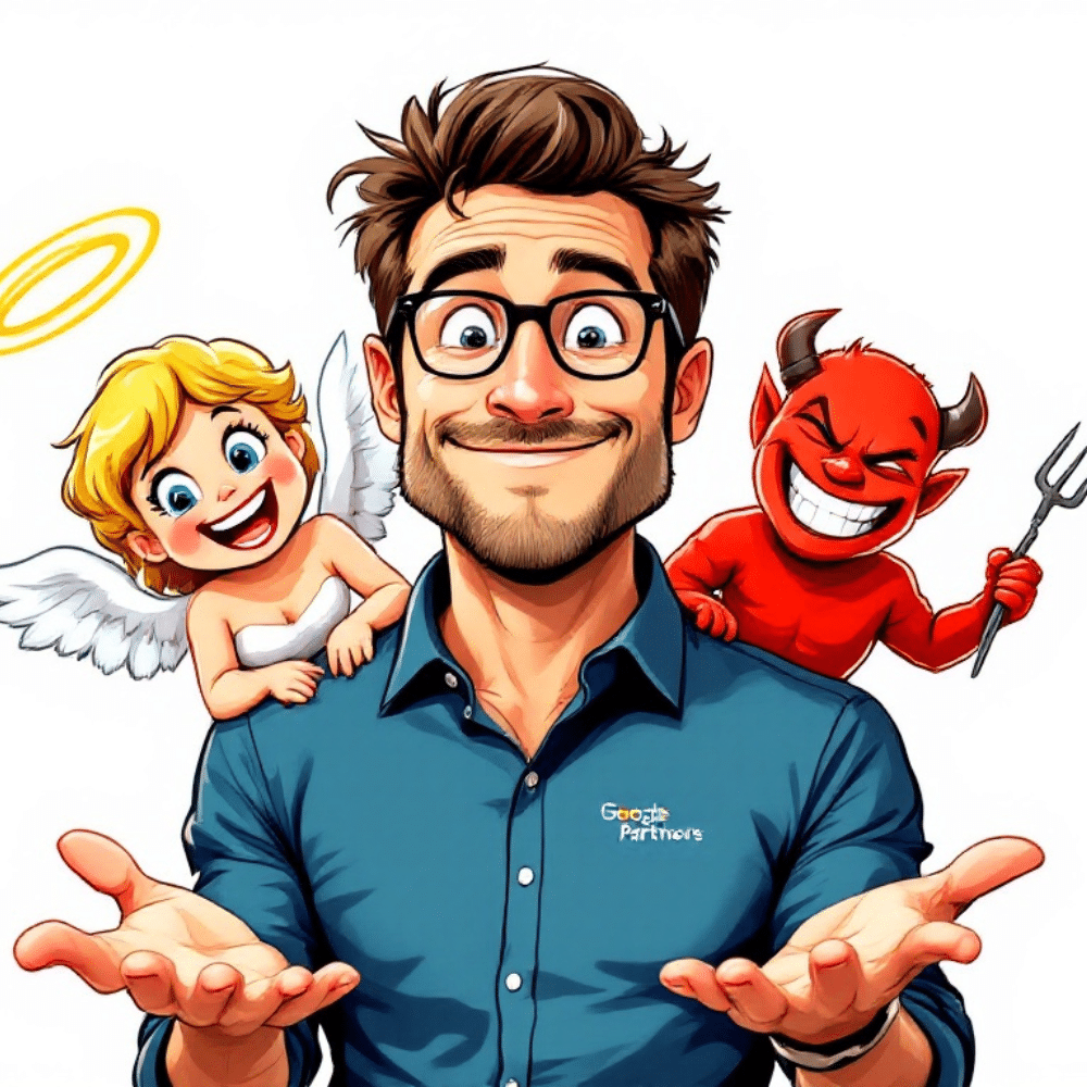 A cartoon-style illustration of a businessman wearing a Google Partners shirt. He has an angel on one shoulder, holding a halo and smiling, and a devil on the other shoulder, grinning mischievously while holding a pitchfork. The businessman looks amused and slightly confused, with exaggerated facial expressions. The background is bright and white, adding a vibrant and lighthearted tone.