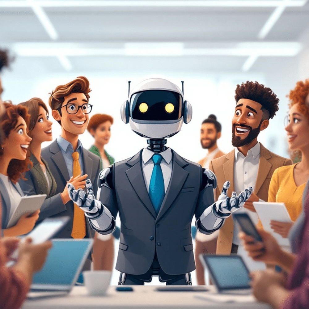 A professional cartoon-style image of a robot in a business suit surrounded by a diverse group of people asking questions. The robot has a friendly expression, and the group includes individuals with notebooks, laptops, and curious expressions in a bright, modern office setting. The image symbolizes AI-powered search and human interaction.