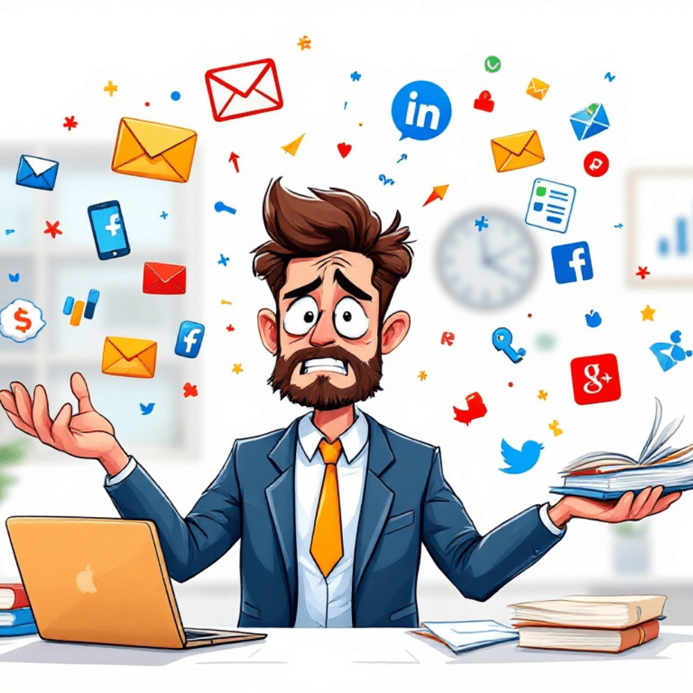 A professional cartoon-style image of an overwhelmed small business owner juggling various digital marketing tasks. The owner is depicted with a stressed expression, balancing email icons, social media logos, a laptop, and books in a modern office setting. The image conveys the challenges of multitasking in digital marketing.