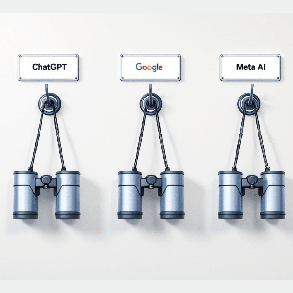 "A professional cartoon-style image of three identical pairs of binoculars hanging from separate hooks on a clean, modern wall. Above each pair is a sign: the first says 'ChatGPT,' the second says 'Google,' and the third says 'Meta AI.' The image emphasizes exploration and discovery with a minimalist and vibrant design.