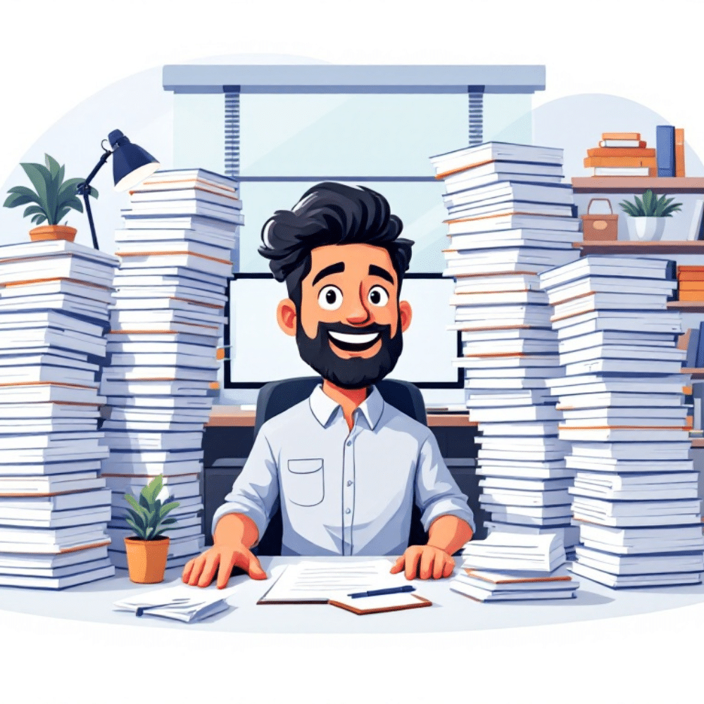 A professional cartoon-style image of a cheerful office worker surrounded by stacks of paper in a modern office. The worker is smiling confidently, sitting at a desk with documents and a pen, symbolizing the demands of a content strategy. The background features large windows, bookshelves, and plants, creating a vibrant and productive atmosphere.