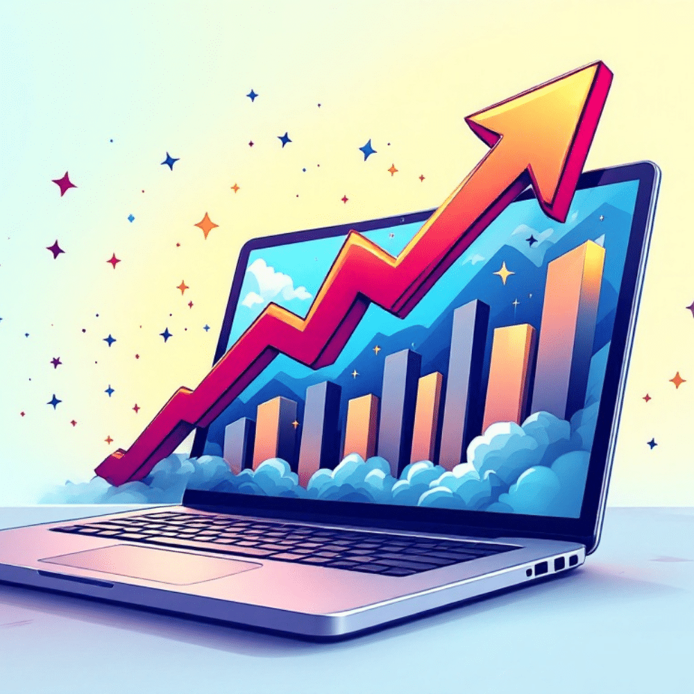 A cartoon-style image of a laptop with a vibrant, upward-trending arrow bursting out of the screen. The arrow symbolizes growth and success, with bar charts and a dynamic background of stars and clouds adding a sense of energy and progress.