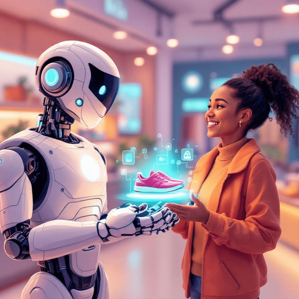 A professional cartoon-style image of a futuristic robot interacting with a happy and intrigued customer. The robot is showcasing a pair of pink shoes using a holographic display in a modern retail environment. The customer is smiling, engaged, and wearing an orange jacket, highlighting the concept of predictive AI and personalized product recommendations.