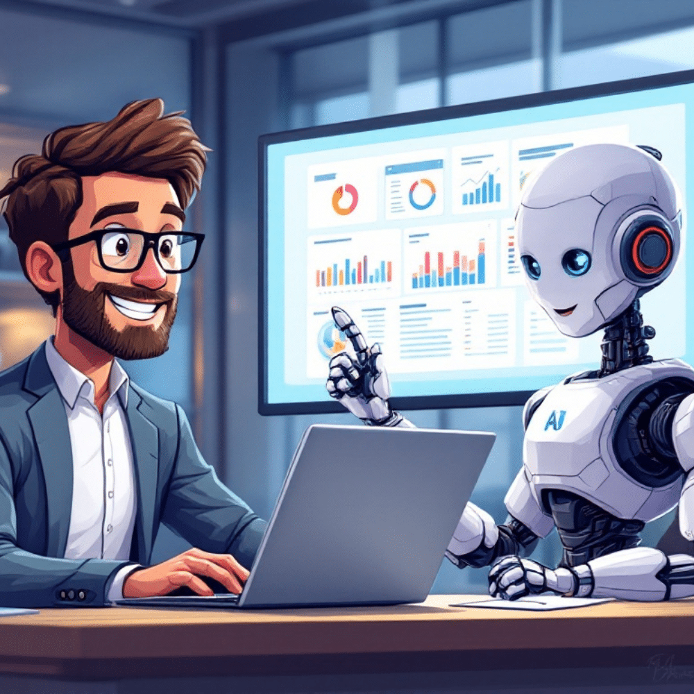 A professional cartoon-style image of a businessperson and an AI robot collaborating in an office. The businessperson is working on a laptop, while the AI robot gestures toward a large screen displaying charts, graphs, and AdWords campaign metrics. The setting is modern and vibrant, emphasizing teamwork and innovation.