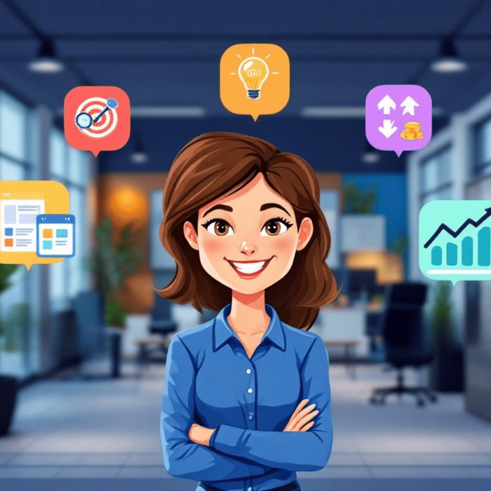A professional cartoon-style image of a happy female businesswoman wearing a blue Facebook-branded shirt, standing confidently in a modern Facebook office setting. Behind her are seven colorful icons representing tips for creating high-impact Facebook ad campaigns, including a target, magnifying glass, lightbulb, two arrows in a circle, shopping cart, upward-trending graph, and stack of coins.