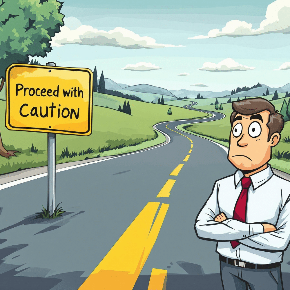 A cartoon-style illustration of a worried businessman standing at the beginning of a long, winding road. A yellow sign next to him reads 'Proceed with Caution,' symbolizing careful decision-making in AdWords campaign tracking.