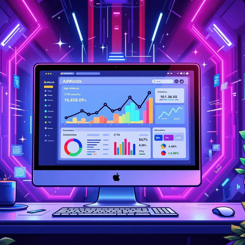 A professional cartoon-style illustration of a computer screen displaying a high-performing AdWords account dashboard. The dashboard includes graphs with upward trends, colorful performance metrics, and high CTR and conversion rates. The futuristic background features glowing neon lights and holographic elements, symbolizing innovation and success in digital advertising.