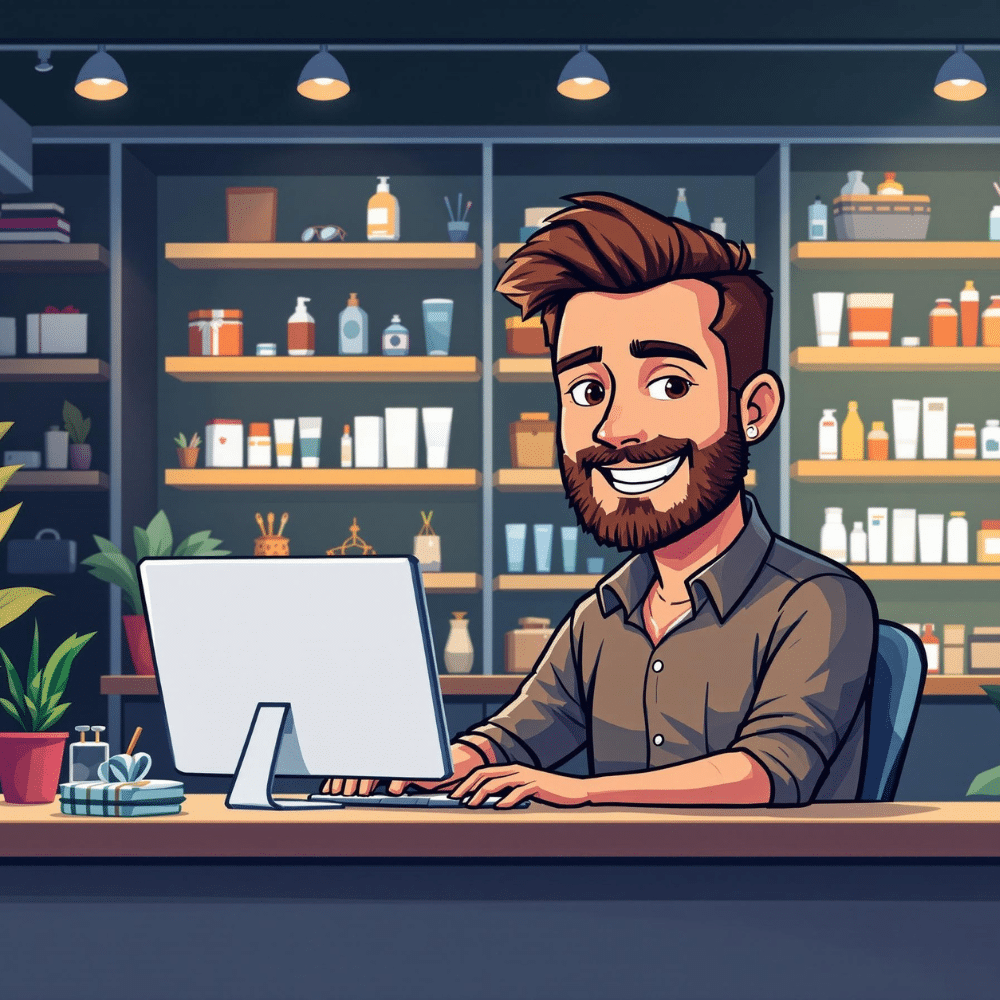 A professional cartoon-style illustration of an ecommerce store owner sitting at a desk, working on a computer to create content. The setting is a vibrant shop environment with shelves displaying various products in the background. The owner looks focused and happy, emphasizing productivity and creativity in a clean workspace.