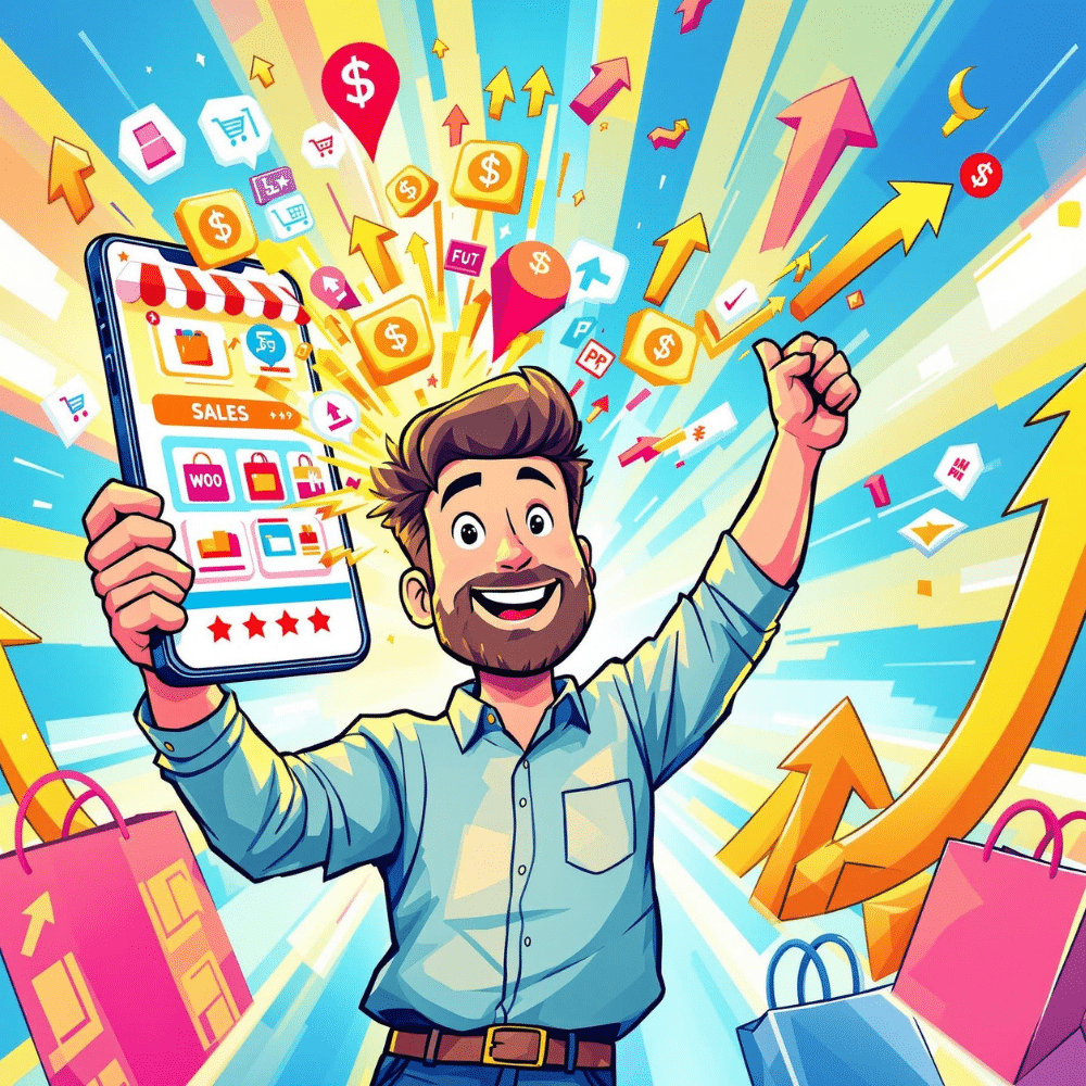 A professional cartoon-style illustration of a happy business owner holding up a mobile phone with sales notifications and upward arrows exploding from the screen. The background is vibrant with shopping bags, dollar signs, and colorful charts, symbolizing the success of a WooCommerce store.