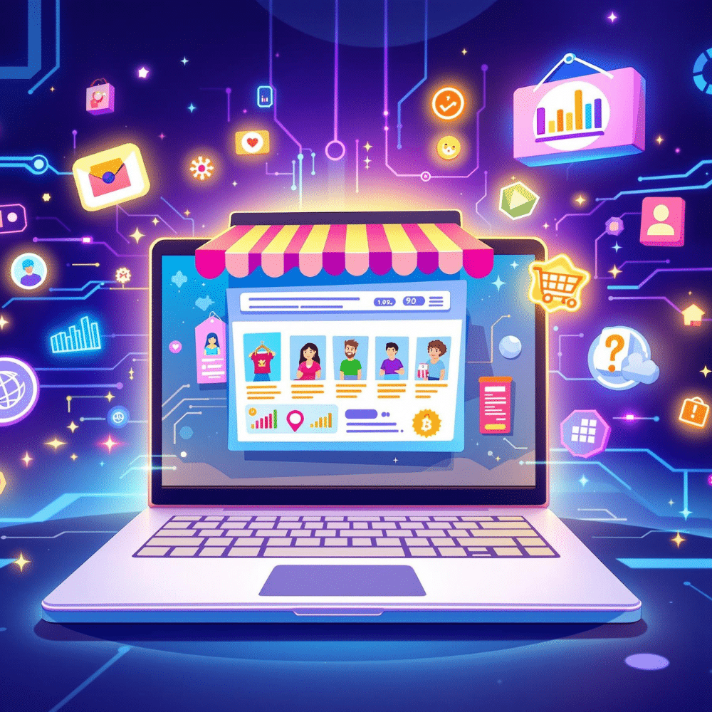 A futuristic cartoon-style illustration of a thriving ecommerce store displayed on a laptop screen. The screen shows product images, customer reviews, and sales metrics. The vibrant background features glowing digital elements like circuits, holograms, and shopping icons, emphasizing innovation and success.