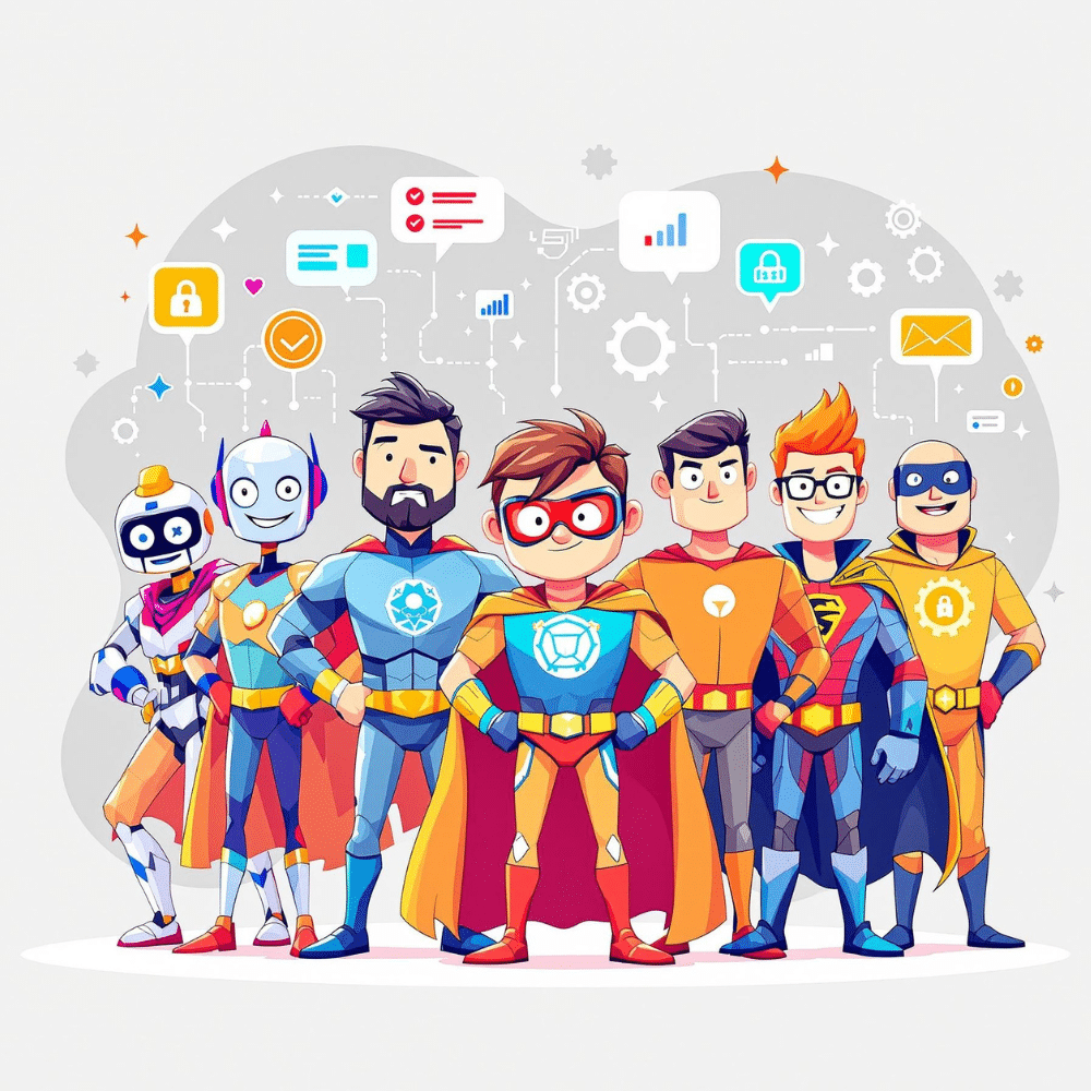 Cartoon illustration of seven superheroes, each representing a key website technology such as AI chatbots, live chat, analytics, e-commerce, security, accessibility, and automation. The superheroes stand confidently as a team against a white background, with digital icons floating above them.