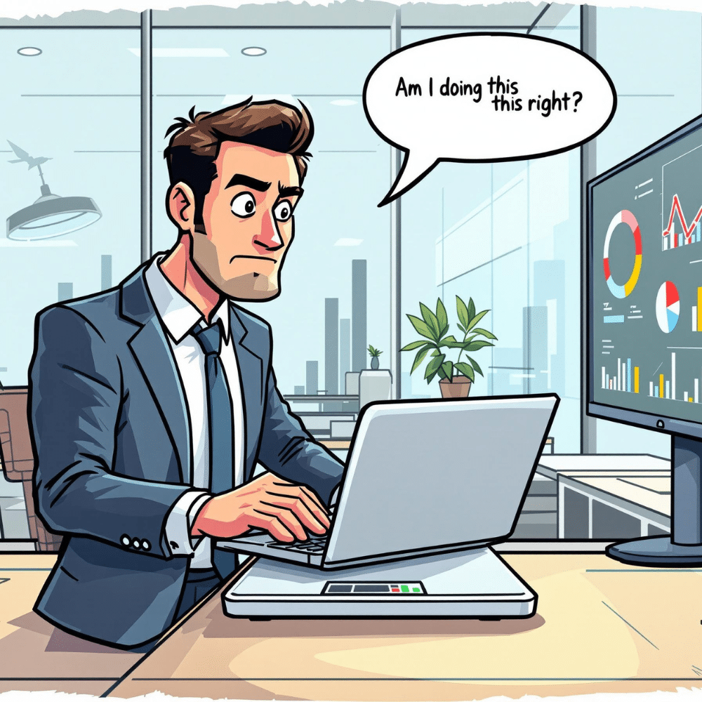 A professional cartoon-style image of a businessman in a sleek office environment, placing his laptop on a bathroom-style weight scale with a slightly confused expression. The speech bubble reads, "Am I doing this right?" The scene includes a modern office background with charts and graphs on a screen, emphasizing a mix of humor and professionalism.
