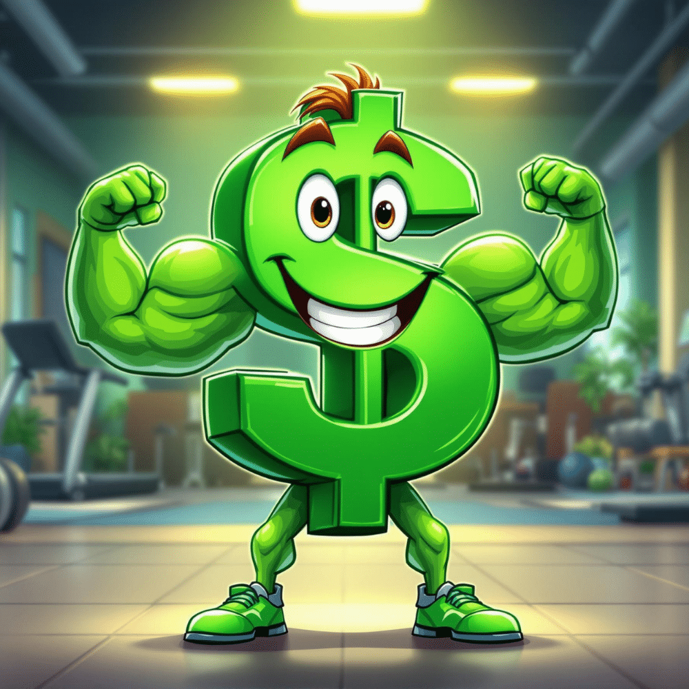 A vibrant green dollar sign character with muscular arms, a big smile, and sneakers standing confidently in a gym setting. The background includes gym equipment like dumbbells and a treadmill, symbolizing strength, growth, and financial power.