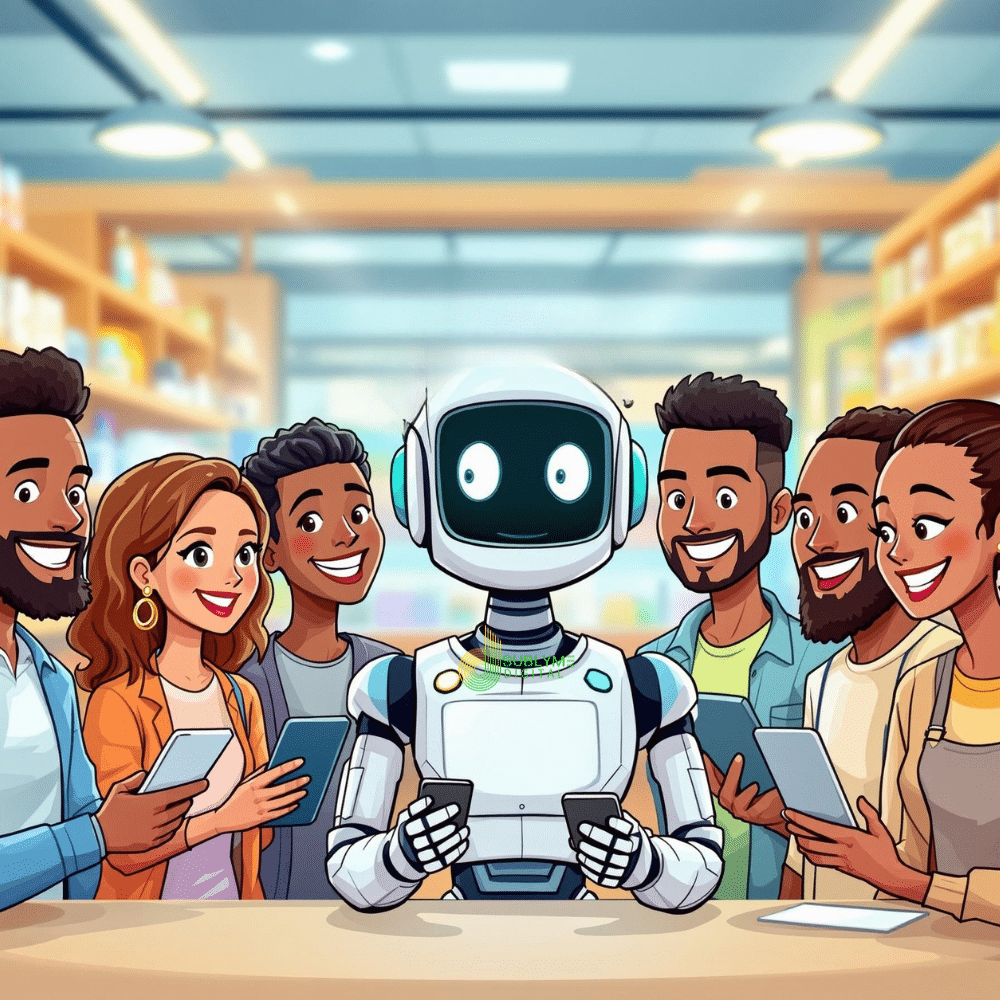 A professional cartoon-style image of a friendly robot chatbot surrounded by a diverse group of happy customers in a vibrant retail environment. The customers are smiling and interacting with the chatbot using devices like smartphones and tablets. The background features shelves displaying products, creating a welcoming and customer-focused atmosphere.