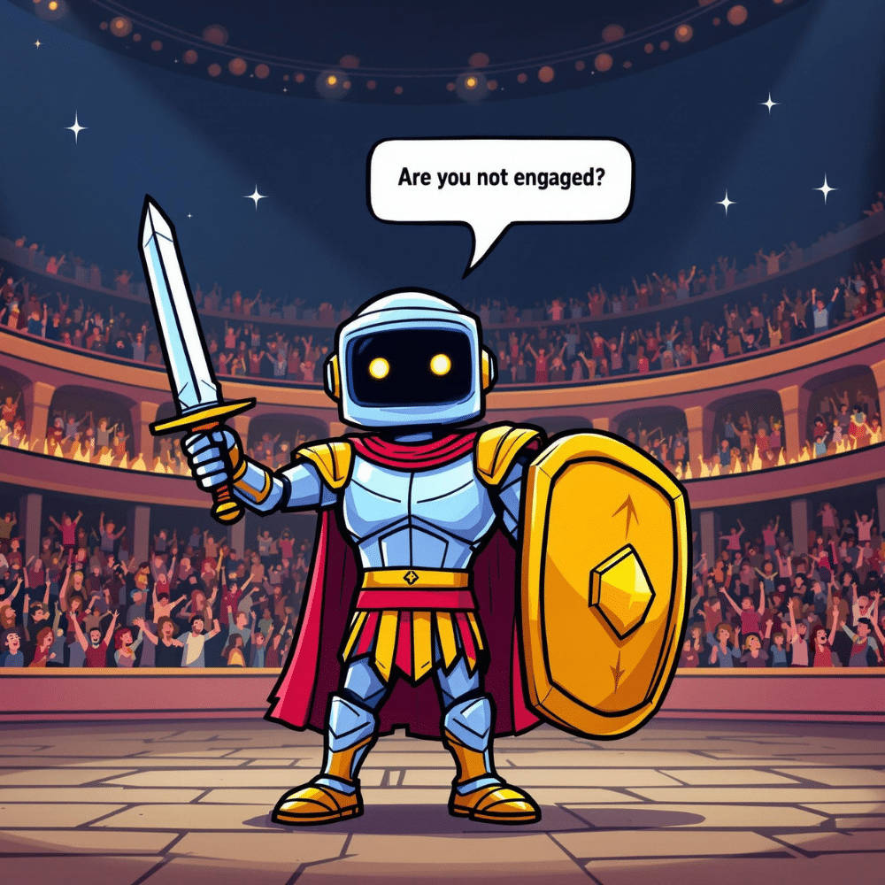 A cartoon-style illustration of a triumphant chatbot gladiator in a Roman gladiator arena. The chatbot is wearing full gladiator armor, holding a sword and shield, and surrounded by cheering fans. A speech bubble above the chatbot reads, 'Are you not engaged?' The scene is vibrant and dynamic, emphasizing the chatbot's victorious and engaging nature.
