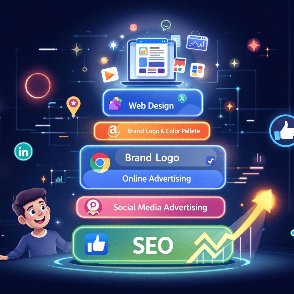 Professional cartoon-style illustration of a stack of digital marketing services, including web design, branding, online advertising, social media advertising, and SEO, each represented by colorful icons and a futuristic digital background.
