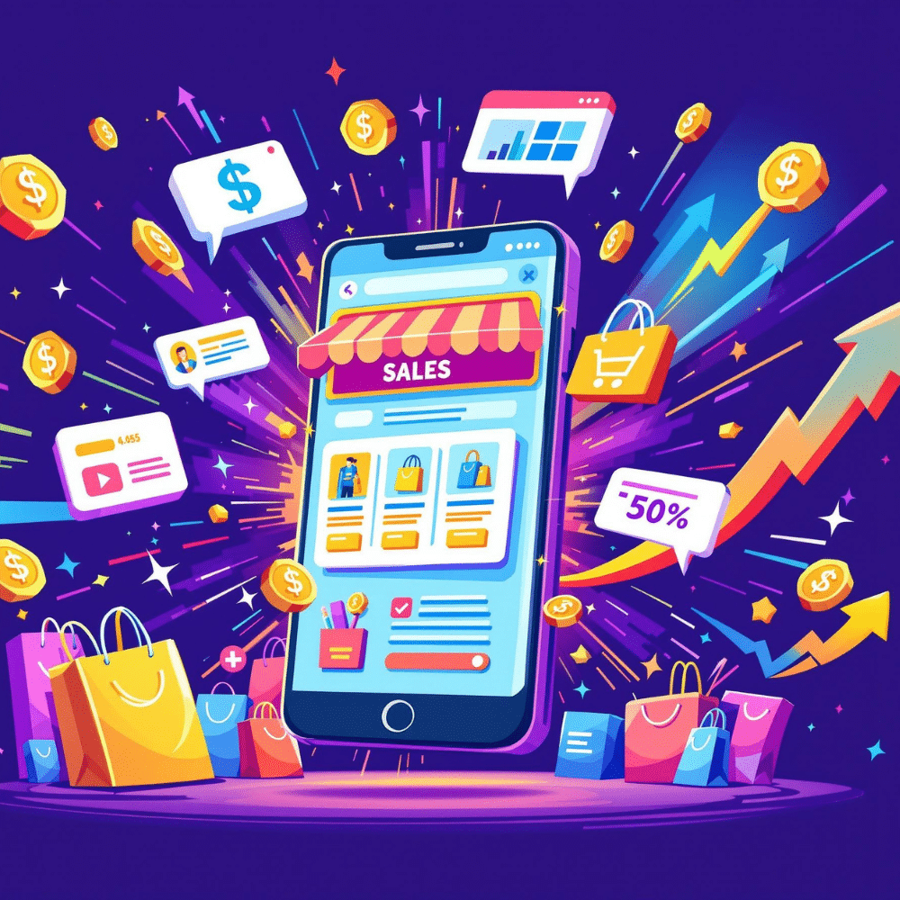A vibrant cartoon-style illustration of a mobile eCommerce website thriving with sales. The mobile screen displays an online store with products, a shopping cart, and sales notifications. Surrounding the phone are shopping bags, dollar signs, upward arrows, and charts, symbolizing growth and success in mobile-first eCommerce.