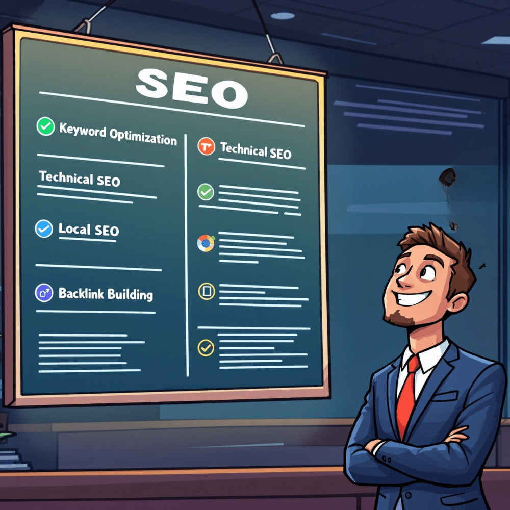 A professional cartoon-style image of a businessman in a suit looking up at a menu labeled "SEO." The menu lists services like Keyword Optimization, Technical SEO, Local SEO, and Backlink Building. The businessman is smiling and says, "It's Everything I Need!" The background is a sleek office environment with a vibrant and clean design.