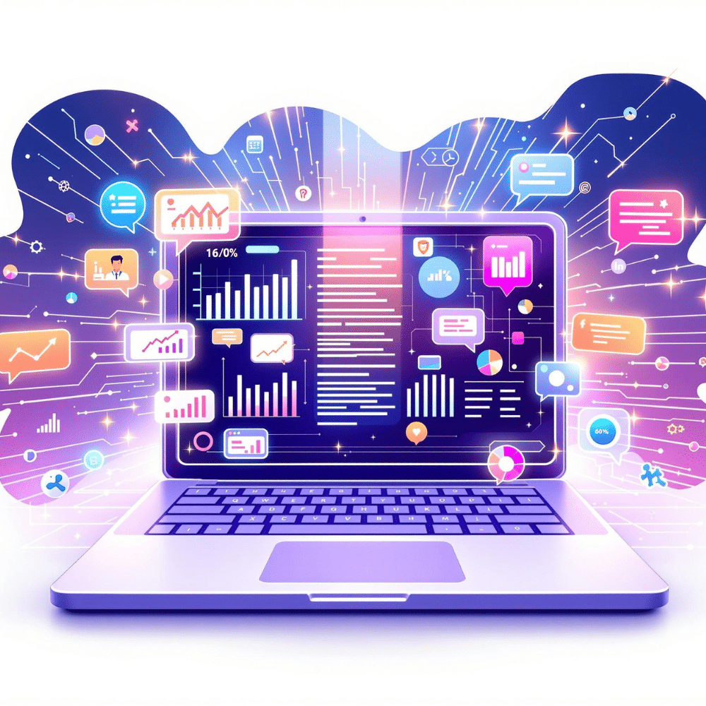 A vibrant cartoon-style illustration of a laptop with its screen filled with engaging digital elements such as charts, graphs, icons, and chat bubbles. The backdrop features a futuristic, glowing design with abstract shapes and lines, symbolizing advanced technology and digital growth for local businesses.