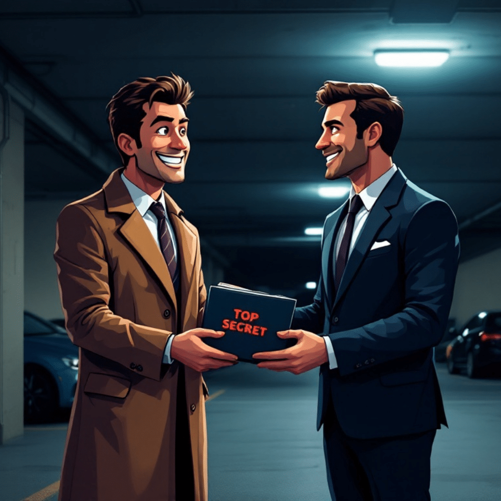 A professional cartoon-style image of two business people meeting in a dimly lit parking garage. One person is wearing a sharp suit, smiling confidently, while the other is wearing a long brown trench coat, appearing mysterious but friendly. The person in the trench coat is handing over a folder labeled “Top Secret.” The background includes parked cars and concrete walls, adding to the suspenseful yet lighthearted tone.