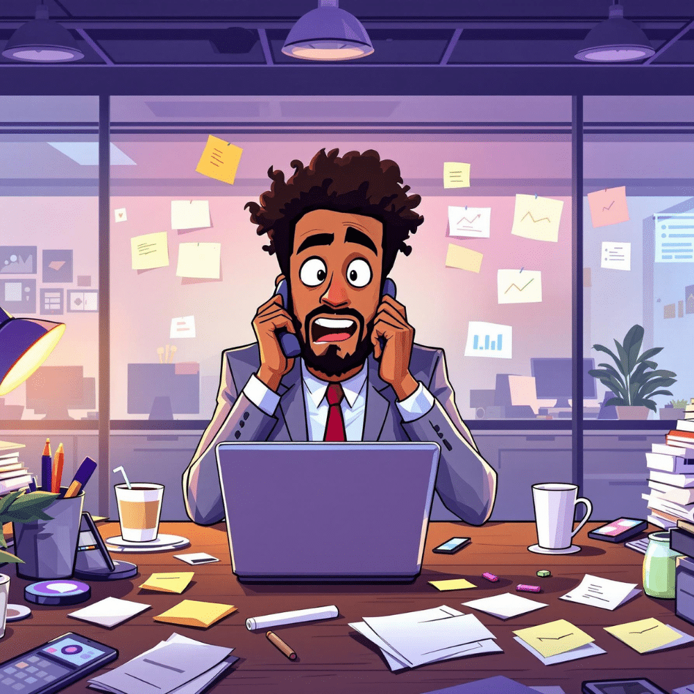 Cartoon-style illustration of a professional businessperson in a suit, looking overwhelmed while talking on the phone at a cluttered desk in a modern office. Sticky notes, paperwork, and digital devices surround the workspace, symbolizing the challenges of managing multiple marketing calls and attribution tasks.