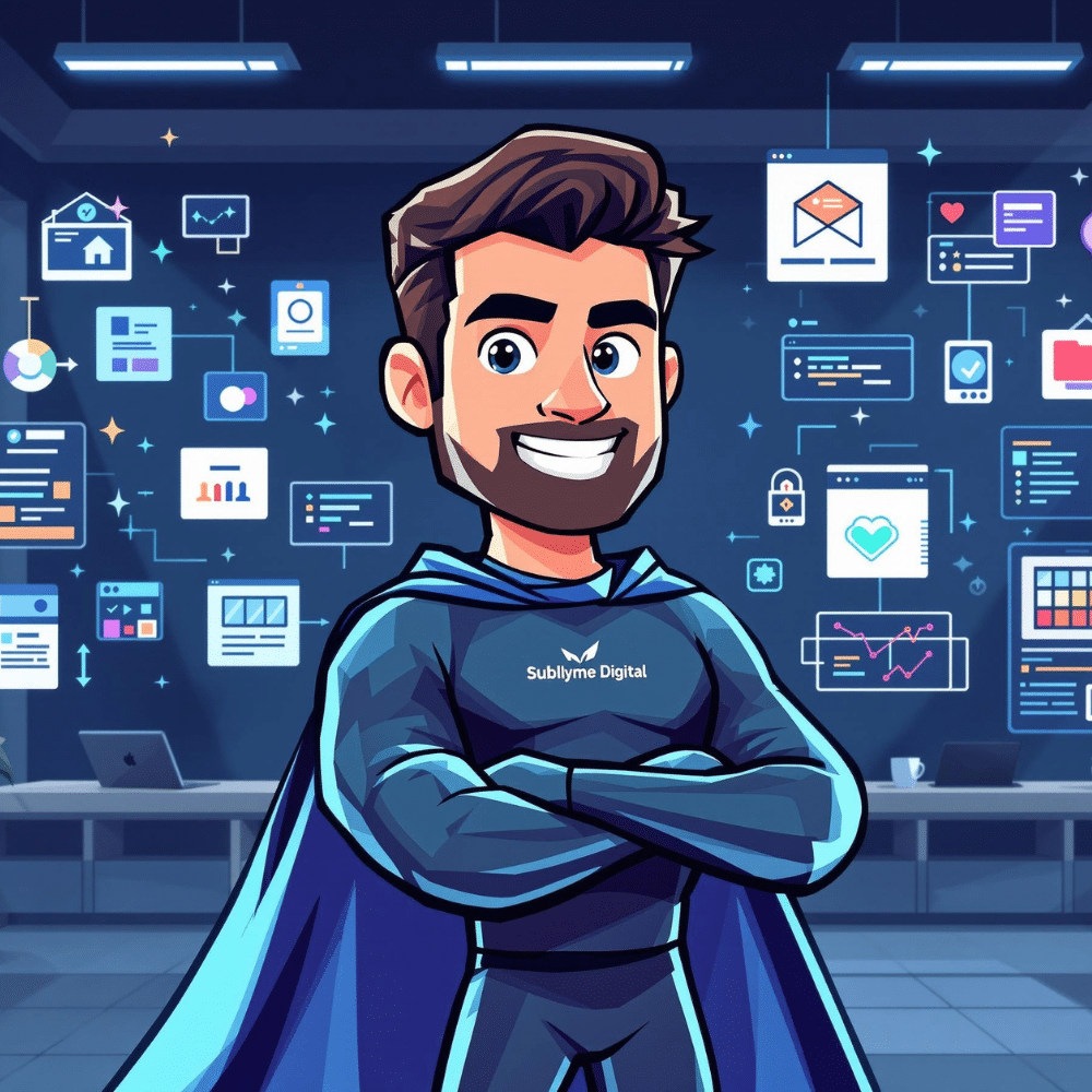 Cartoon illustration of a digital marketing superhero in an office, surrounded by web design icons like wireframes, code snippets, color palettes, and responsive device screens, symbolizing Sublyme Digital’s expertise.