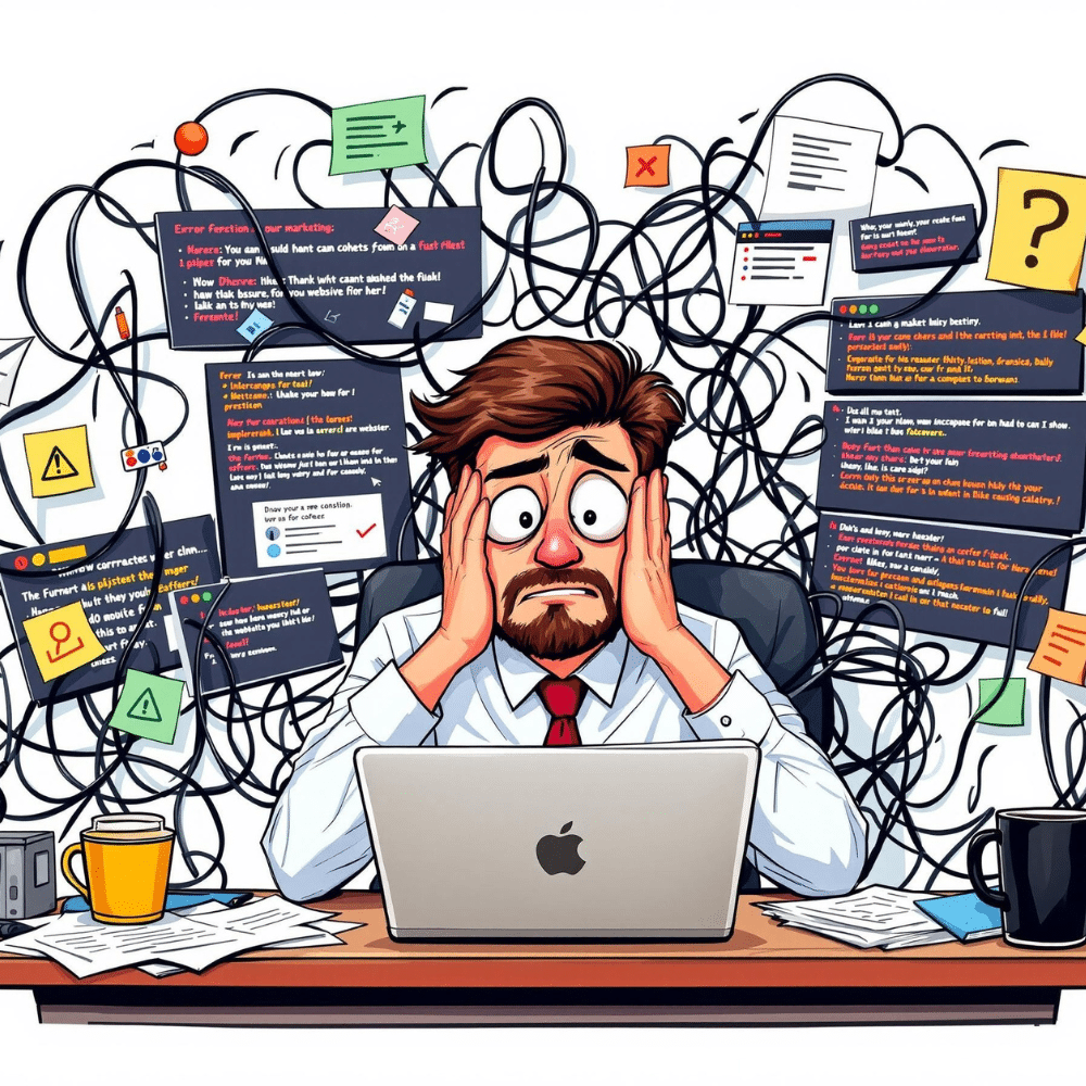 Professional cartoon-style illustration of a frustrated businessman at his desk, surrounded by a laptop with error messages, tangled wires, scattered papers, coffee mugs, and sticky notes. The background is clean and white, visually representing common website problems and digital overwhelm.