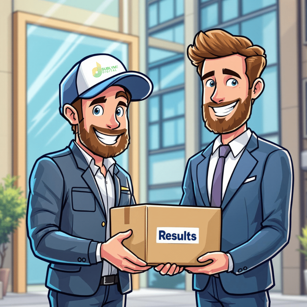Professional cartoon-style illustration of a cheerful mailman in a Sublyme Digital cap handing a package labeled “Results” to a smiling business person in a suit, set in front of a modern office building.