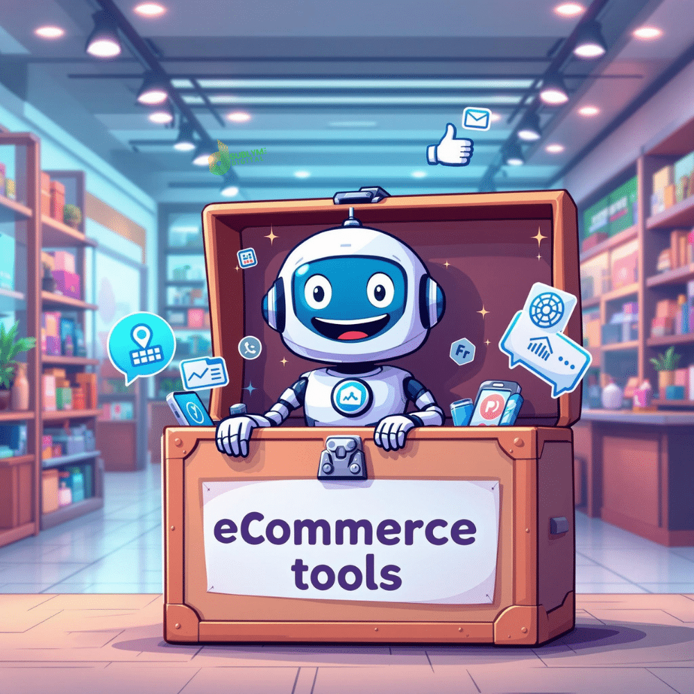 A cheerful cartoon AI chatbot sits inside an open toolbox labeled "eCommerce tools," surrounded by digital marketing icons, in the middle of a modern retail store with shelves and products.