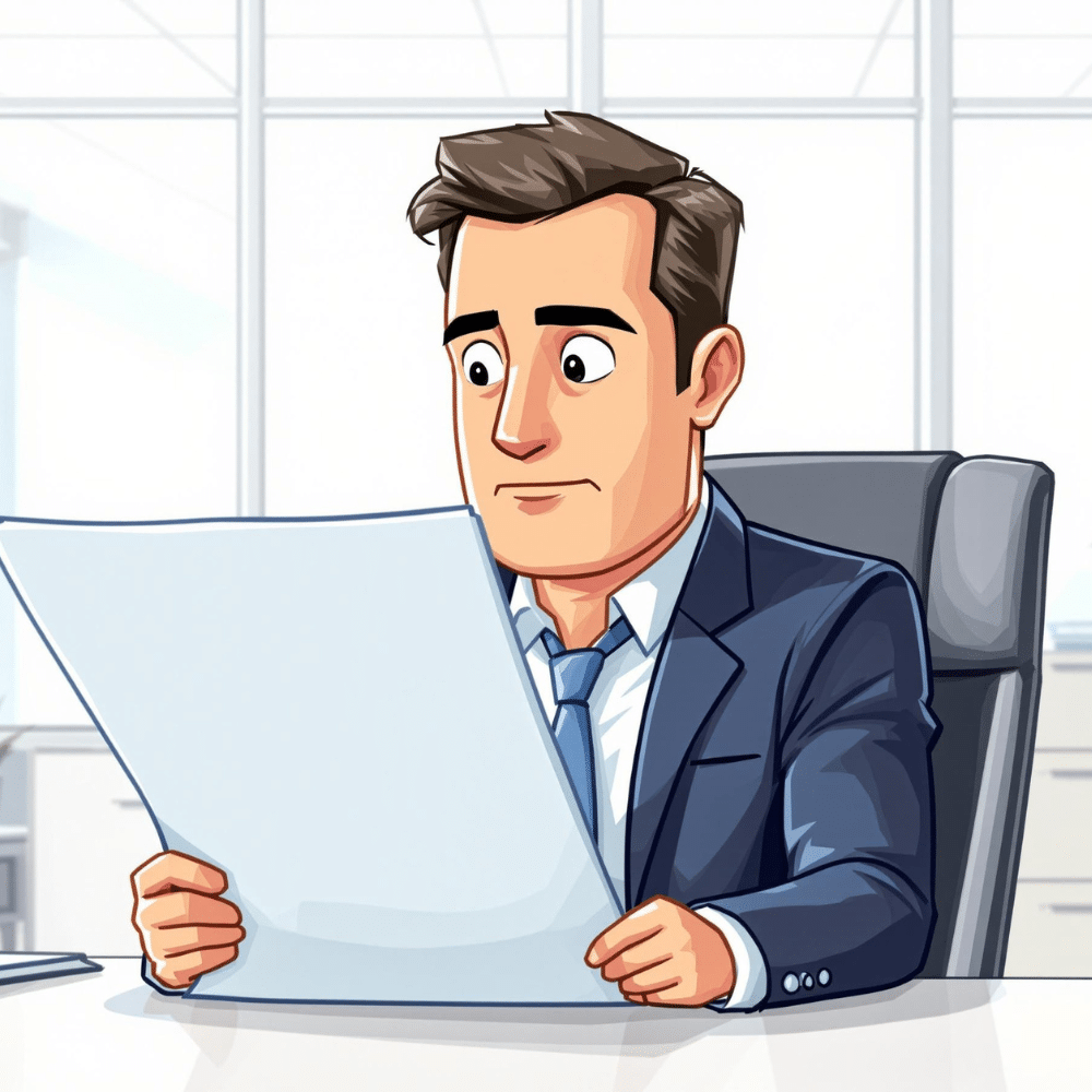 Professional cartoon-style illustration of a businessman in a suit sitting at a modern office desk, intently reviewing a long document or list. The focus is on his concentrated expression, emphasizing attention to detail and business professionalism.