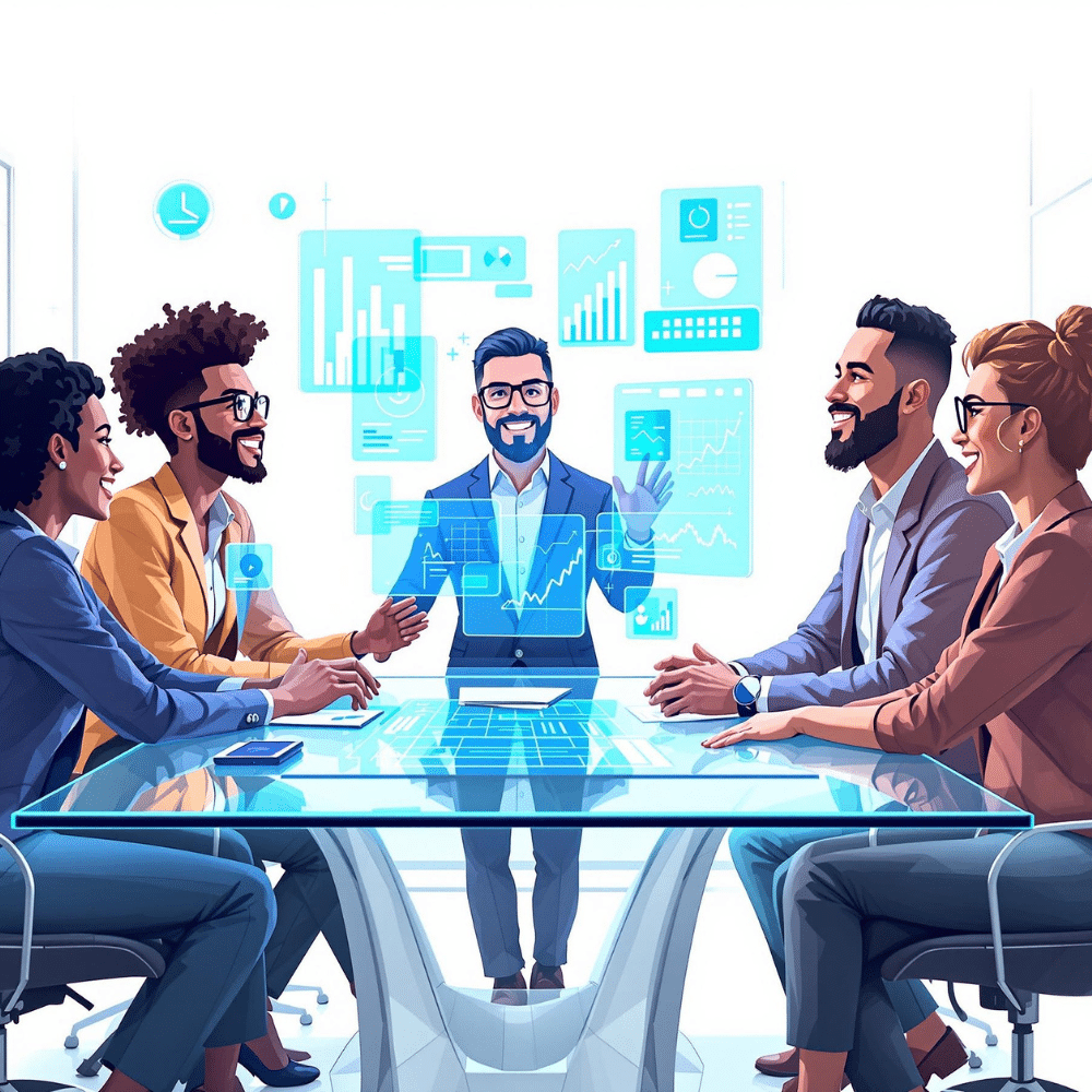 A professional cartoon-style image of a diverse digital marketing team collaborating in a futuristic office. The team is gathered around a sleek glass conference table with holographic screens and interactive data charts floating in the air. The team includes both men and women, all in modern business attire, with accurate and respectful representation—no facial hair on the women. The office is clean and bright with a white background, emphasizing innovation, professionalism, and teamwork.