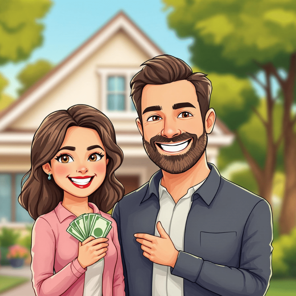 A professional cartoon-style illustration of a happy couple standing in front of their recently sold home, smiling and holding cash, representing the ease and satisfaction of selling a house for cash.