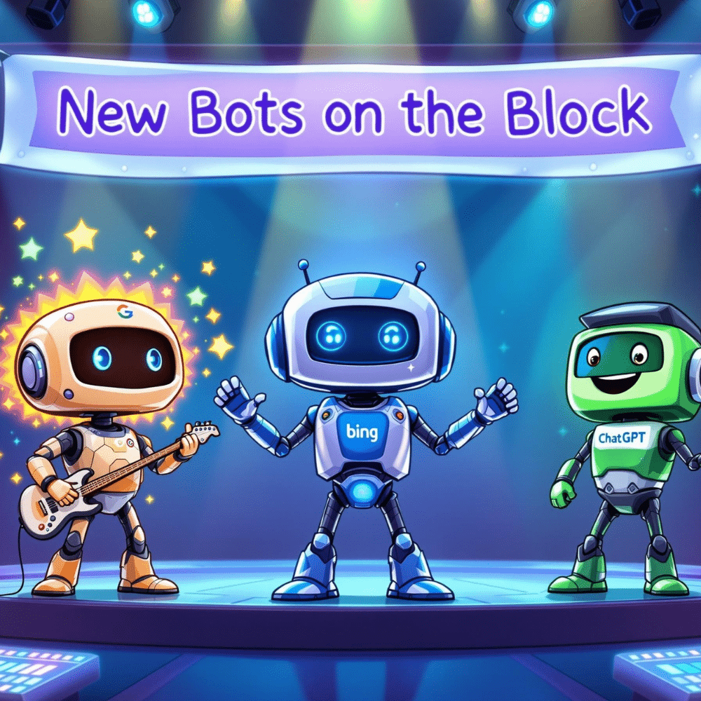 Three professional cartoon-style AI bots—representing Google Gemini, Bing CoPilot, and ChatGPT—performing music on a futuristic stage under a glowing banner that reads “New Bots on the Block.” The scene features vibrant colors, expressive faces, and dynamic lighting, highlighting the energy and innovation of leading AI technologies.