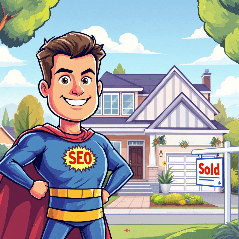 Cartoon-style superhero with “SEO” on his chest, smiling confidently in front of a recently sold suburban home with a “Sold” sign. The background features a tidy yard, blue sky, and vibrant greenery, representing the strength and trust of SEO for home buyers.