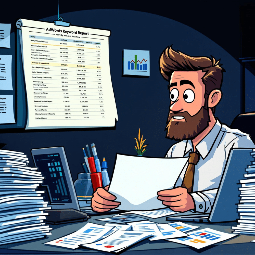 Professional cartoon of an AdWords expert with a beard, meticulously analyzing a massive keyword report at a desk covered in papers and charts, with a large report displayed on the wall and a laptop showing analytics.