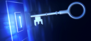 Close-up digital image of a silver key about to unlock a door, with a glowing blue background, symbolizing unlocking opportunities or secrets.