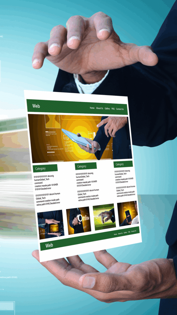 A digital illustration of a business professional holding a tablet in front of a website interface, representing website optimization and image management tools.
