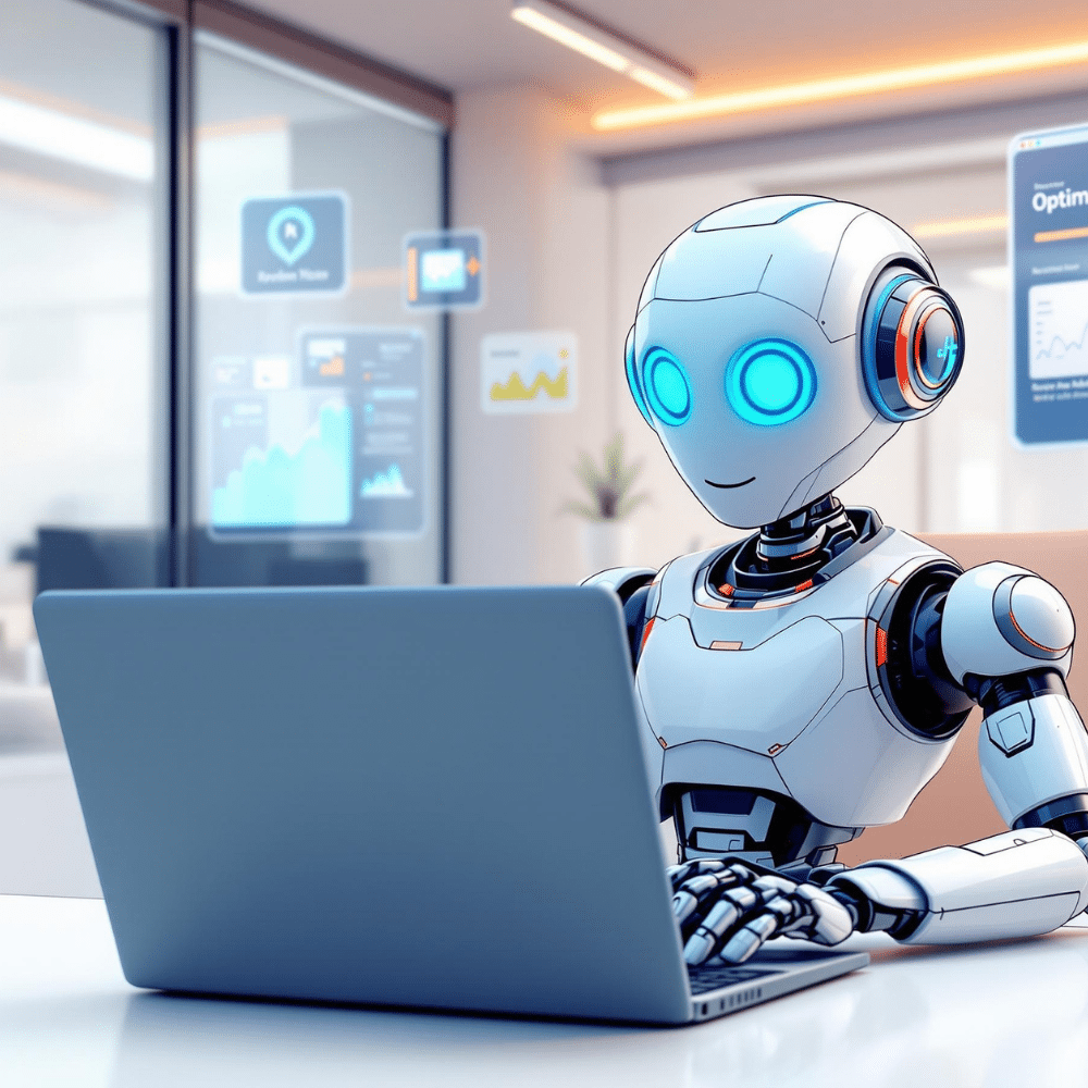 Professional cartoon-style illustration of a single AI robot with glowing blue eyes, working intently behind a laptop in a modern, bright office. Digital marketing charts and campaign dashboards float in the background, conveying the concept of AI optimizing AdWords ads.