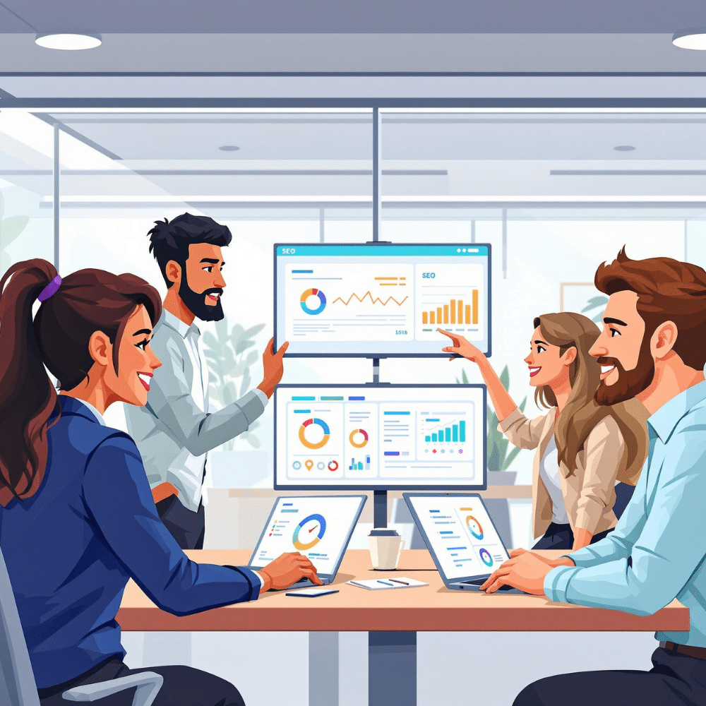 Cartoon-style illustration of a diverse group of SEO professionals working together in a modern office, collaborating on laptops and digital screens displaying website analytics and SEO charts.