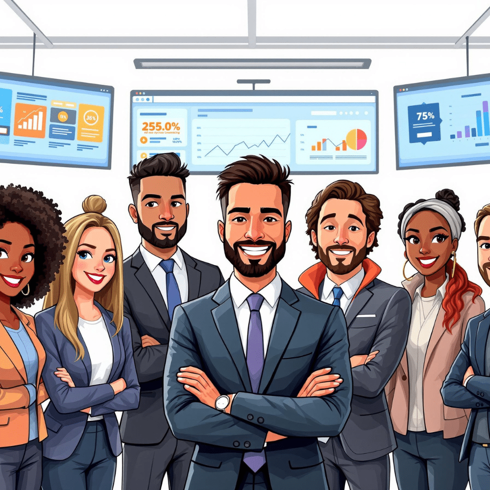 Professional cartoon-style illustration of a diverse group of confident entrepreneurs standing together in front of digital marketing analytics screens.