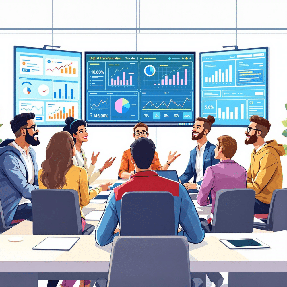 A professional cartoon-style image of a diverse digital marketing team collaborating in a modern office environment. The team is gathered around a conference table, discussing a digital transformation project with data and website analytics displayed on large screens in the background. Everyone appears engaged, confident, and focused. The setting is bright, clean, and has a white background, reflecting a high level of professionalism and teamwork.