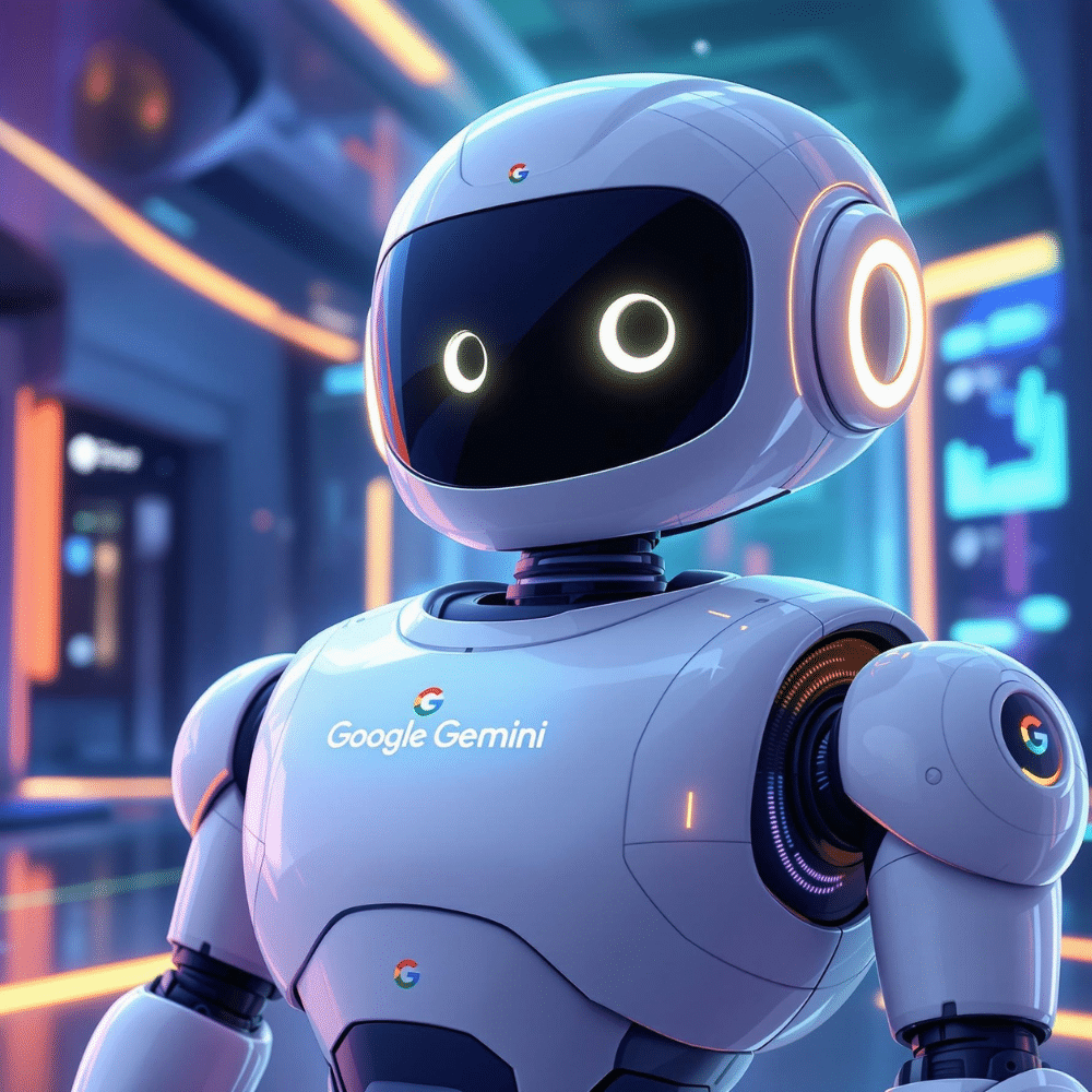 Futuristic cartoon-style AI robot branded with the Google Gemini logo, standing in a sleek, high-tech digital environment with glowing lights and modern architecture, representing Google’s advanced AI search technology.