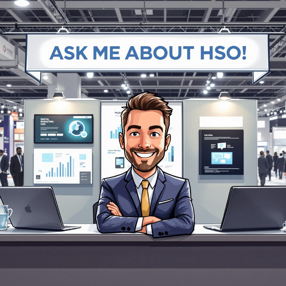 Professional cartoon of a digital marketing expert in business attire sitting confidently at a modern trade show booth, with a banner above reading “ASK ME ABOUT HSO!” Digital displays and charts are visible in the background, emphasizing the future of digital search.